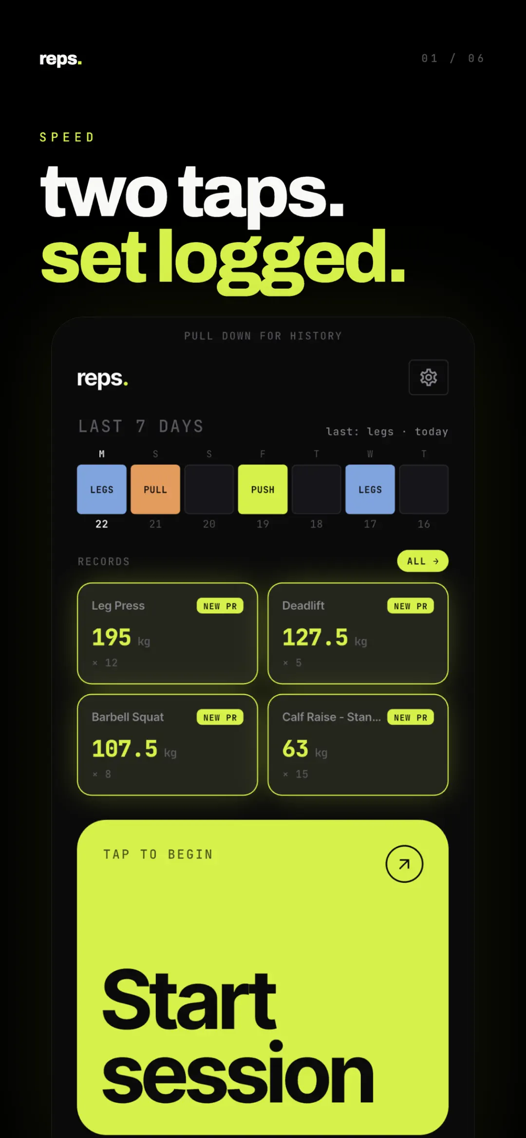 reps. home screen showing the last seven days and four new personal records